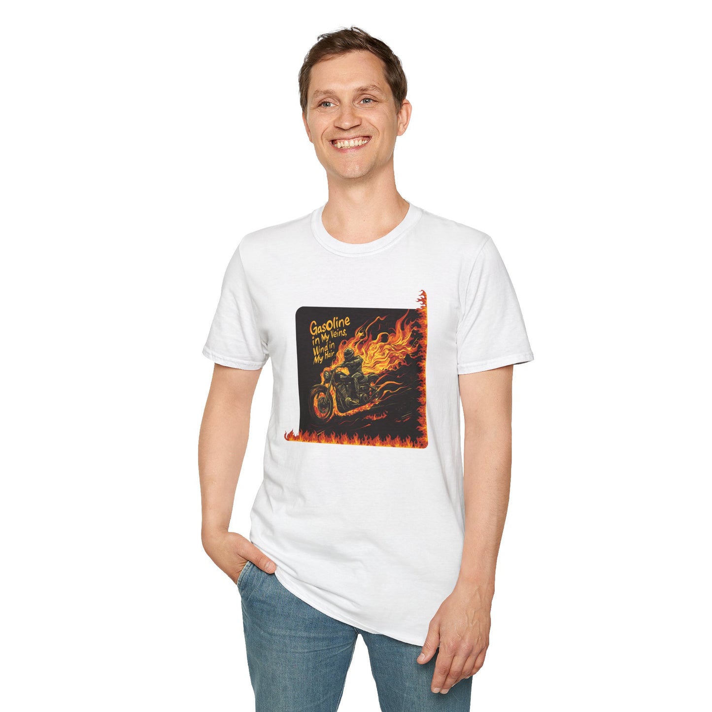 "Gasoline in my veins, wind in my hair" Unisex Softstyle T-Shirt