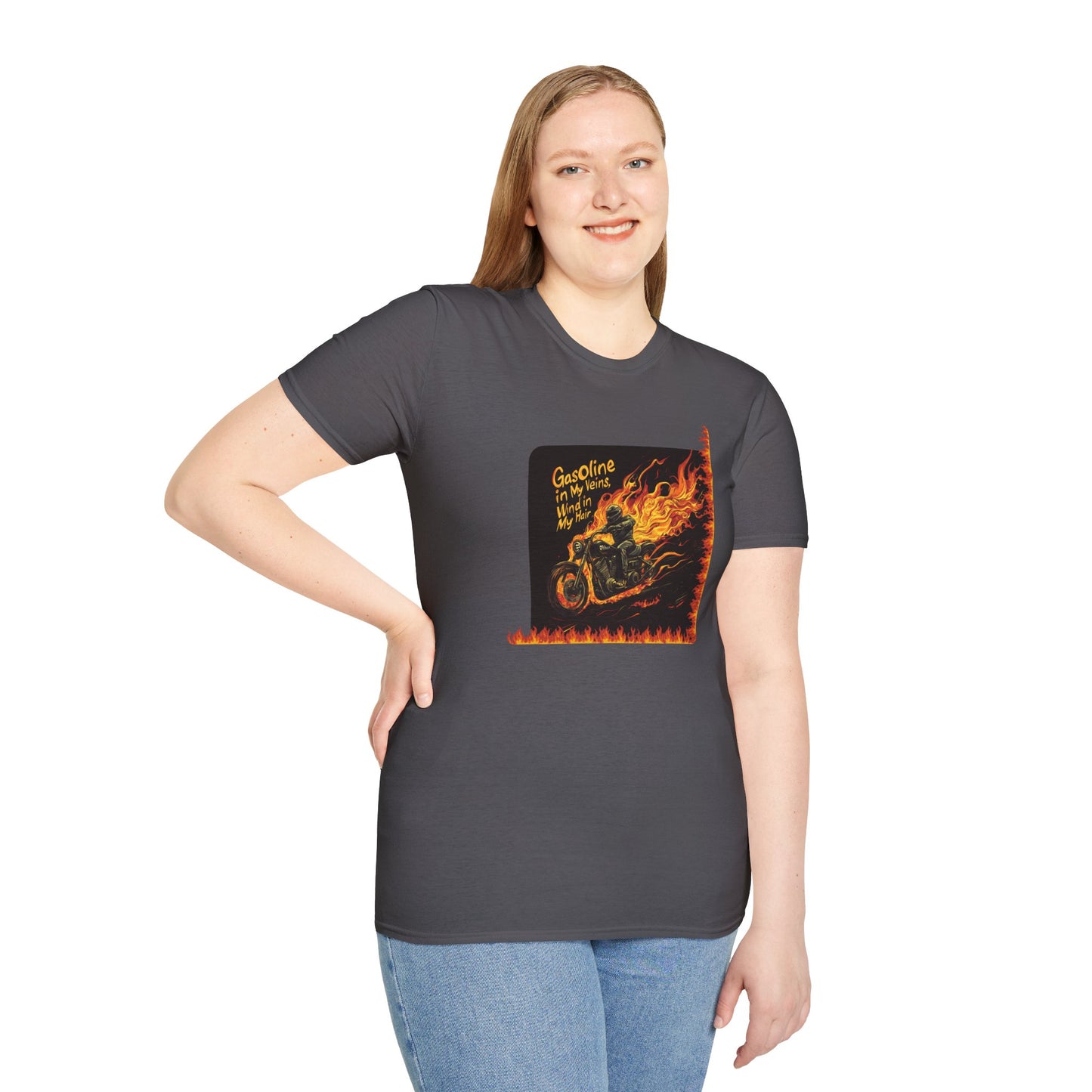 "Gasoline in my veins, wind in my hair" Unisex Softstyle T-Shirt