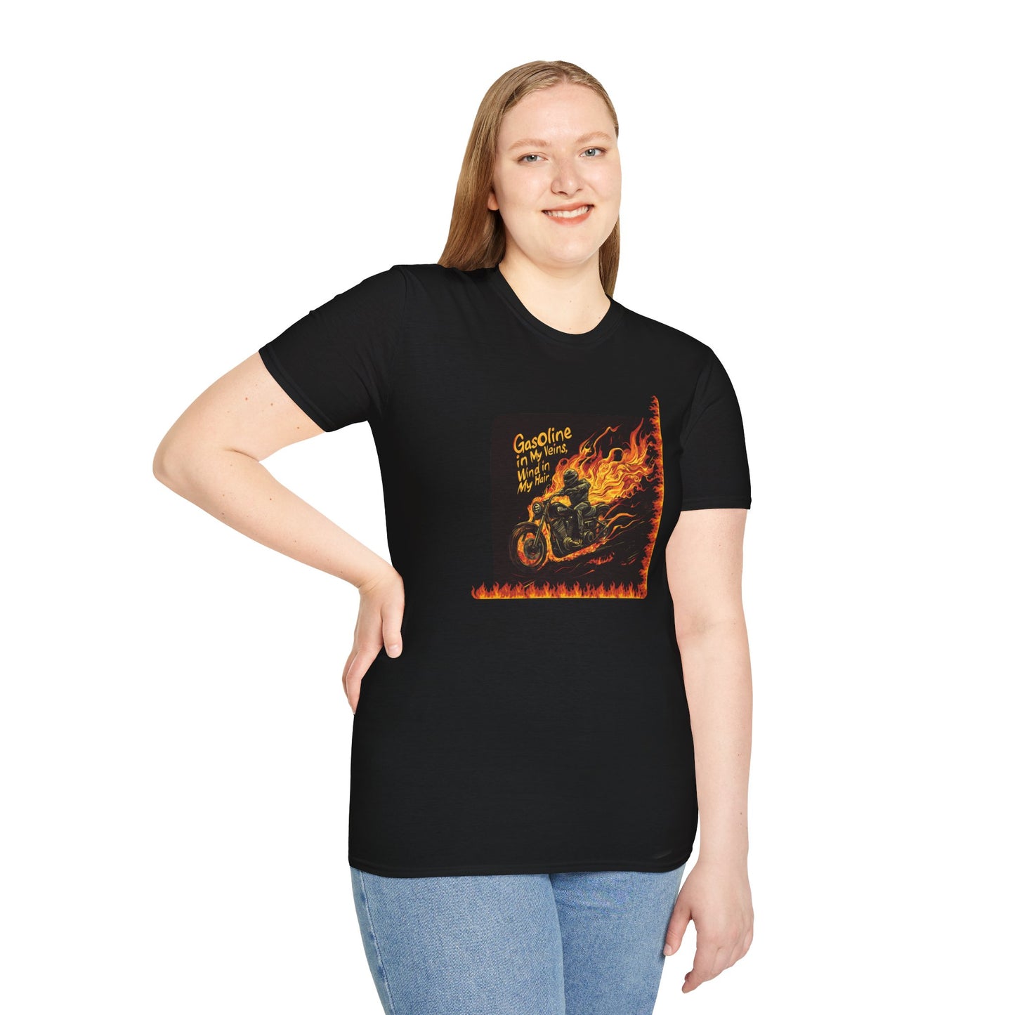 "Gasoline in my veins, wind in my hair" Unisex Softstyle T-Shirt