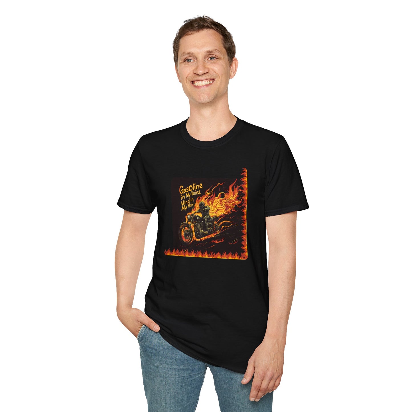 "Gasoline in my veins, wind in my hair" Unisex Softstyle T-Shirt