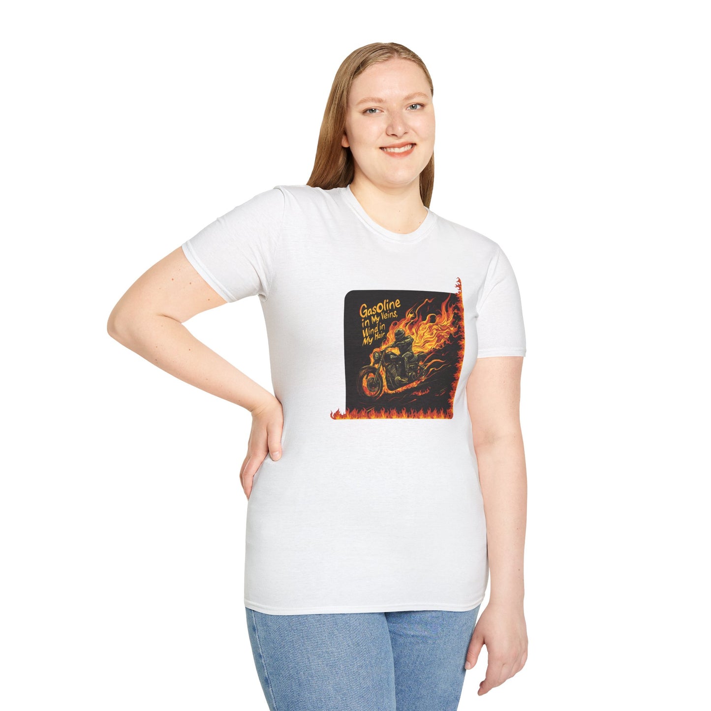 "Gasoline in my veins, wind in my hair" Unisex Softstyle T-Shirt